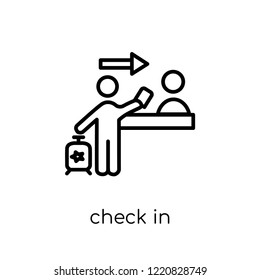 check in icon. Trendy modern flat linear vector check in icon on white background from thin line Hotel collection, outline vector illustration