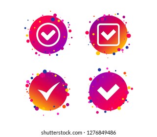 Check icons. Checkbox confirm circle sign symbols. Gradient circle buttons with icons. Random dots design. Vector