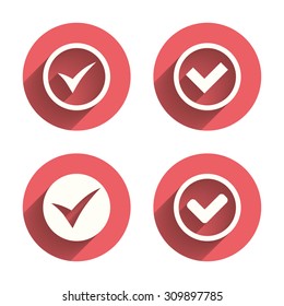 Check icons. Checkbox confirm circle sign symbols. Pink circles flat buttons with shadow. Vector