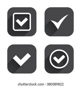 Check icons. Checkbox confirm circle sign symbols. Square flat buttons with long shadow.
