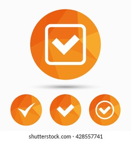 Check icons. Checkbox confirm circle sign symbols. Triangular low poly buttons with shadow. Vector