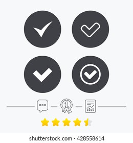 Check icons. Checkbox confirm circle sign symbols. Chat, award medal and report linear icons. Star vote ranking. Vector