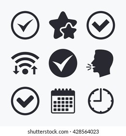 Check icons. Checkbox confirm circle sign symbols. Wifi internet, favorite stars, calendar and clock. Talking head. Vector
