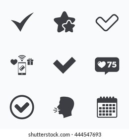 Check icons. Checkbox confirm circle sign symbols. Flat talking head, calendar icons. Stars, like counter icons. Vector