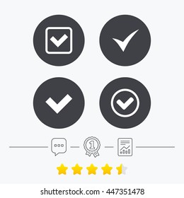 Check icons. Checkbox confirm circle sign symbols. Chat, award medal and report linear icons. Star vote ranking. Vector