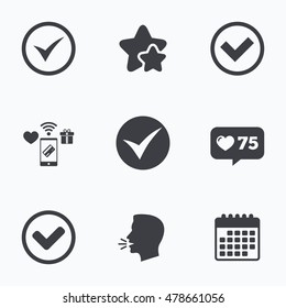 Check icons. Checkbox confirm circle sign symbols. Flat talking head, calendar icons. Stars, like counter icons. Vector