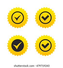 Check icons. Checkbox confirm circle sign symbols. Yellow stars labels with flat icons. Vector