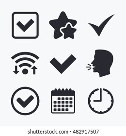 Check icons. Checkbox confirm circle sign symbols. Wifi internet, favorite stars, calendar and clock. Talking head. Vector