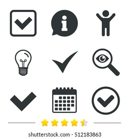 Check icons. Checkbox confirm circle sign symbols. Information, light bulb and calendar icons. Investigate magnifier. Vector