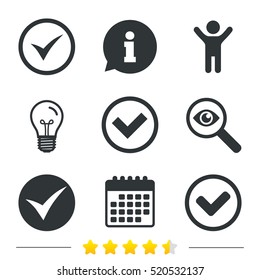 Check icons. Checkbox confirm circle sign symbols. Information, light bulb and calendar icons. Investigate magnifier. Vector