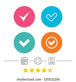 Check icons. Checkbox confirm circle sign symbols. Calendar, cogwheel and report linear icons. Star vote ranking. Vector