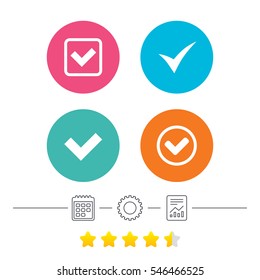 Check icons. Checkbox confirm circle sign symbols. Calendar, cogwheel and report linear icons. Star vote ranking. Vector