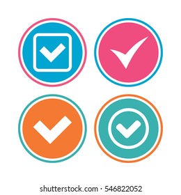 Check icons. Checkbox confirm circle sign symbols. Colored circle buttons. Vector