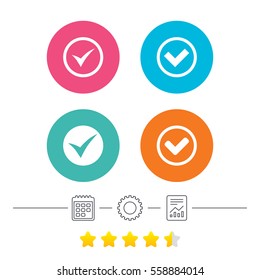 Check icons. Checkbox confirm circle sign symbols. Calendar, cogwheel and report linear icons. Star vote ranking. Vector