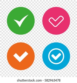 Check icons. Checkbox confirm circle sign symbols. Round buttons on transparent background. Vector