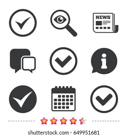 Check icons. Checkbox confirm circle sign symbols. Newspaper, information and calendar icons. Investigate magnifier, chat symbol. Vector