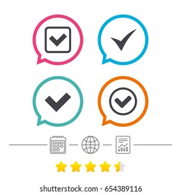 Check icons. Checkbox confirm circle sign symbols. Calendar, internet globe and report linear icons. Star vote ranking. Vector