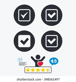 Check icons. Checkbox confirm squares sign symbols. Star vote ranking. Client like and think bubble. Quotes with message.