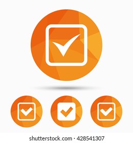 Check icons. Checkbox confirm squares sign symbols. Triangular low poly buttons with shadow. Vector