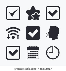 Check icons. Checkbox confirm squares sign symbols. Wifi internet, favorite stars, calendar and clock. Talking head. Vector