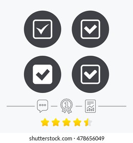 Check icons. Checkbox confirm squares sign symbols. Chat, award medal and report linear icons. Star vote ranking. Vector