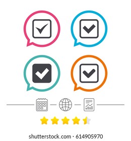 Check icons. Checkbox confirm squares sign symbols. Calendar, internet globe and report linear icons. Star vote ranking. Vector