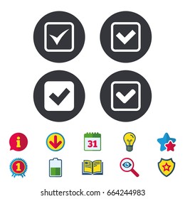 Check icons. Checkbox confirm squares sign symbols. Calendar, Information and Download signs. Stars, Award and Book icons. Light bulb, Shield and Search. Vector