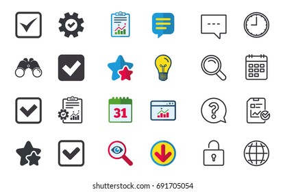 Check icons. Checkbox confirm squares sign symbols. Chat, Report and Calendar signs. Stars, Statistics and Download icons. Question, Clock and Globe. Vector