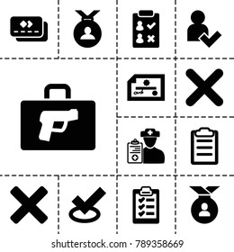 Check icons. set of 13 editable filled check icons such as medal, tick, doctor prescription, cancel, clipboard, add user, cross, briefcase with weapon