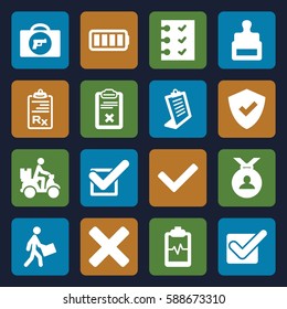 check icons set. Set of 16 check filled icons such as briefcase with weapon, stamp, medal, clipboard, heartbeat clipboard, courier, courier on motorcycle, checklist, tick