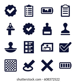 Check icons set. set of 16 check filled icons such as airport desk, stamp, clipboard, checklist, ful battery, broken battery, tick, chess board, check