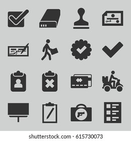 Check icons set. set of 16 check filled icons such as briefcase with weapon, stamp, board, courier, courier on motorcycle, tick, checklist, battery, credit card, check