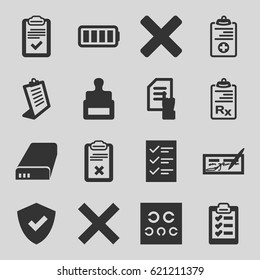 Check icons set. set of 16 check filled icons such as stamp, pointing on document, clipboard, medical clipboard, eye test, battery, ful battery, checklist, cross, shield