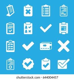 Check icons set. set of 16 check filled icons such as clipboard, tick, medical clipboard, blood pressure measure, cross, credit card, check list