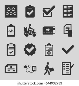 Check icons set. set of 16 check filled icons such as pointing on document, heartbeat clipboard, check list, courier, courier on motorcycle, clipboard, eye test