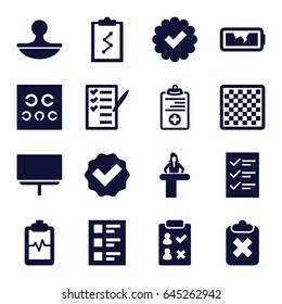 Check icons set. set of 16 check filled icons such as airport desk, board, heartbeat clipboard, check list, medical clipboard, eye test, checklist, stamp, broken battery