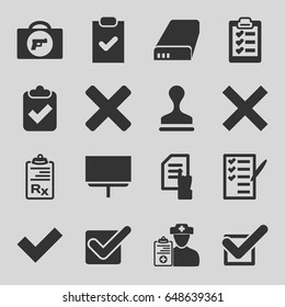 Check icons set. set of 16 check filled icons such as briefcase with weapon, pointing on document, stamp, board, check list, doctor prescription, clipboard, tick, battery