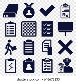 Check icons set. set of 16 check filled icons such as medal, pointing on document, board, courier, tick, doctor prescription, clipboard, battery, checklist, chess board