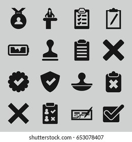 Check icons set. set of 16 check filled icons such as airport desk, medal, stamp, broken battery, clipboard, cross, tick, shield, clipboard with cross