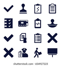 Check icons set. set of 16 check filled icons such as pointing on document, stamp, board, heartbeat clipboard, courier, tick, doctor prescription, cancel, clipboard, checklist
