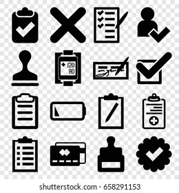 Check icons set. set of 16 check filled icons such as stamp, check list, medical clipboard, blood pressure measure, cancel, clipboard, tick, low battery, add user, credit card