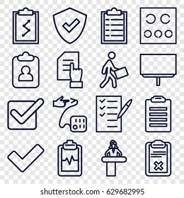 Check icons set. set of 16 check outline icons such as airport desk, pointing on document, board, heartbeat clipboard, check list, courier, tick, clipboard, eye test