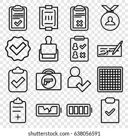Check icons set. set of 16 check outline icons such as briefcase with weapon, stamp, medal, clipboard, medical clipboard, blood pressure measure, ful battery, broken battery
