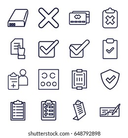Check icons set. set of 16 check outline icons such as pointing on document, clipboard, blood pressure measure, eye test, doctor prescription, tick, cross, battery, shield