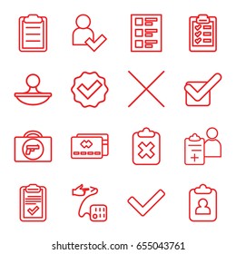 Check icons set. set of 16 check outline icons such as briefcase with weapon, clipboard, doctor prescription, blood pressure, cancel, checklist, stamp, tick, add user