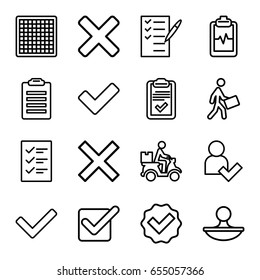 Check icons set. set of 16 check outline icons such as heartbeat clipboard, check list, courier, courier on motorcycle, tick, clipboard, stamp, add user, checklist, cross