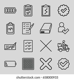 Check icons set. set of 16 check outline icons such as heartbeat clipboard, check list, courier on motorcycle, clipboard, cancel, cross, battery, ful battery, low battery
