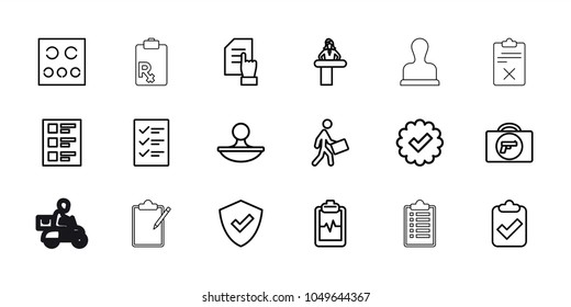 Check icons. set of 18 editable outline check icons: briefcase with weapon, airport desk, pointing on document, shield, tick, clipboard with tick, heartbeat clipboard, courier