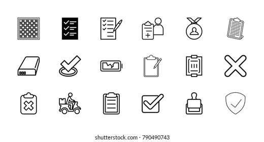 Check icons. set of 18 editable outline check icons: checklist, stamp, medal, tick, clipboard with cross, check list, courier on motorcycle, blood pressure measure