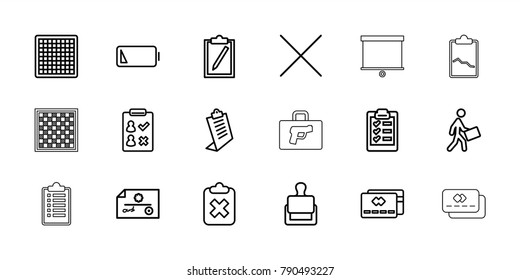 Check icons. set of 18 editable outline check icons: stamp, clipboard, chess board, credit card, check list, clipboard with cross, courier, cancel, low battery
